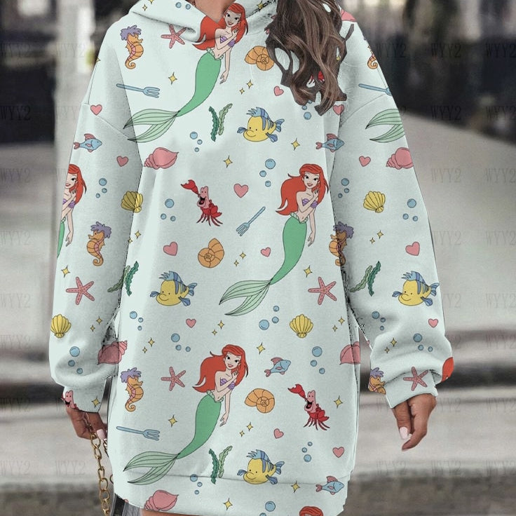 Women's Hoodie Dress Fall Fashion Print Long Sleeve Hooded Dress Women Disney Mermaid Women's Sweatshirt Streetwear YNSLMS019