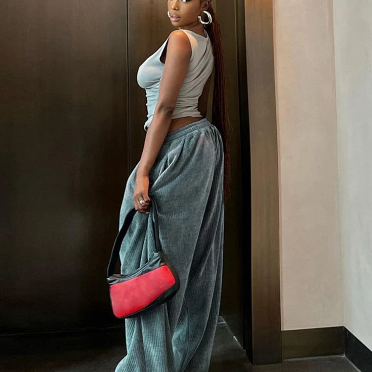 Sisterlinda Casual Y2K Wide-Leg Corduroy Pant Women 2024Spring Loose Basic Pocket High Waist Trousers All-Match Oversize Bottoms