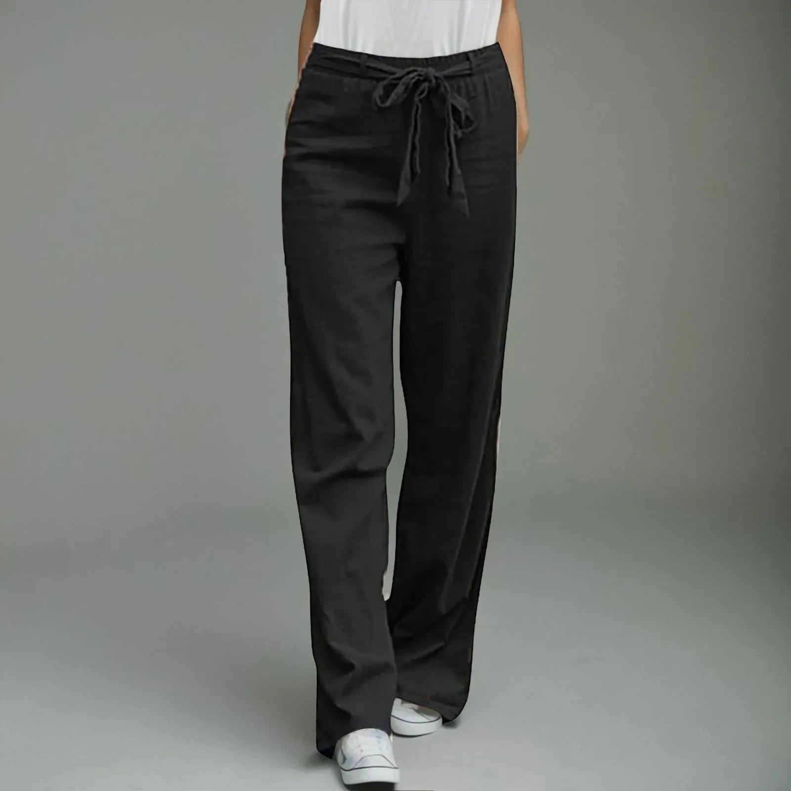 Casual Straight Pants Solid Drawstring Waist Sashes Trousers Loose Oversize Fashion Pants Women Long Pant Woman Clothing Black