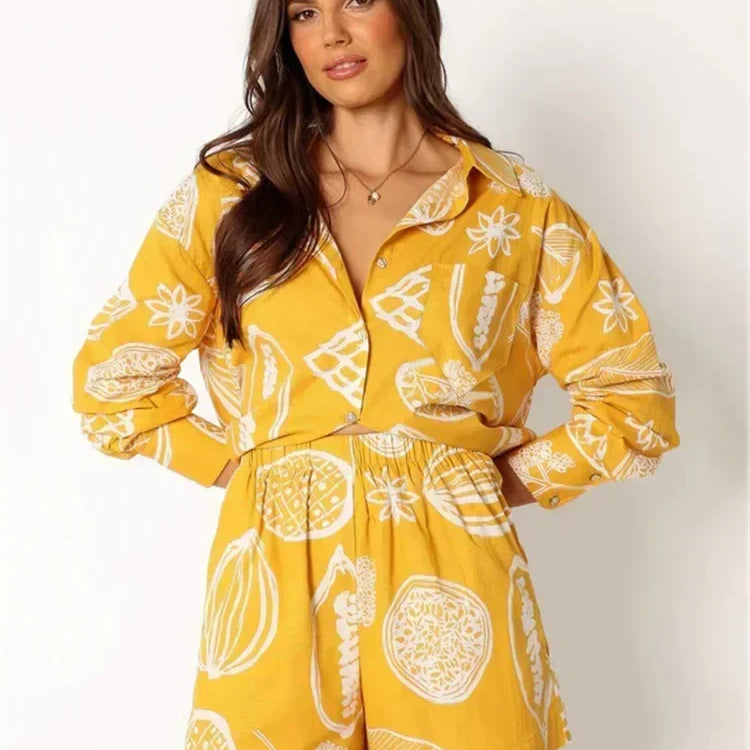 Foridol Fruit Printed Pockets Casual Shirt+shorts Set Outfits Matching Set Summer Women Spring Beach Oversize White Set