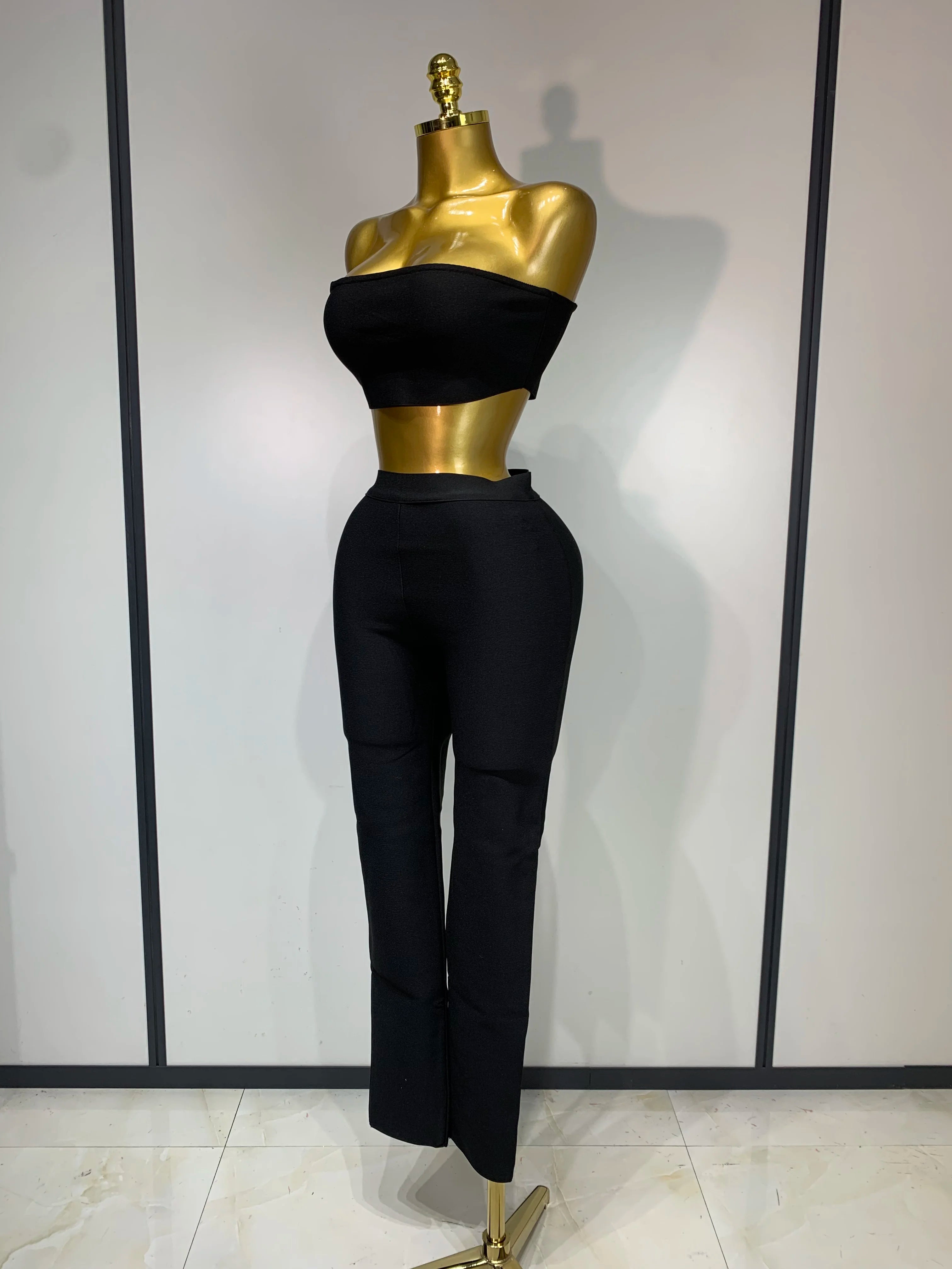 Women Celebrity Sexy Long Sleeve Beading Black Bodycon Bandage Three Piece Set Elegant Evening Club Party Birthday Outfits