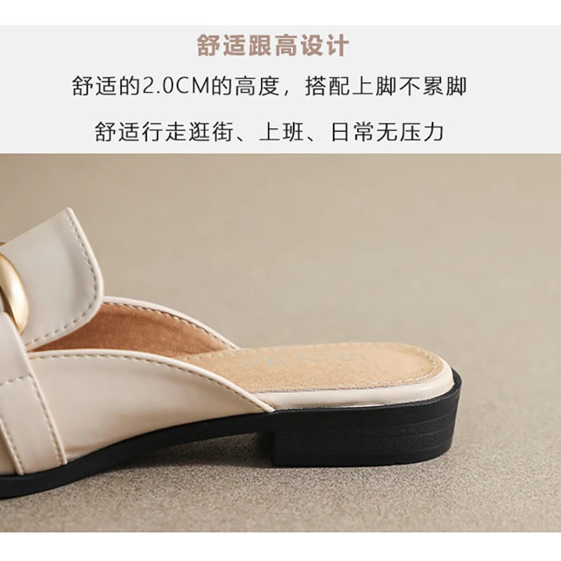 Woman mules fashion design Flat Square Toe Chain Backless Shoes Summer outdoor and indoor office wear White black free delivery