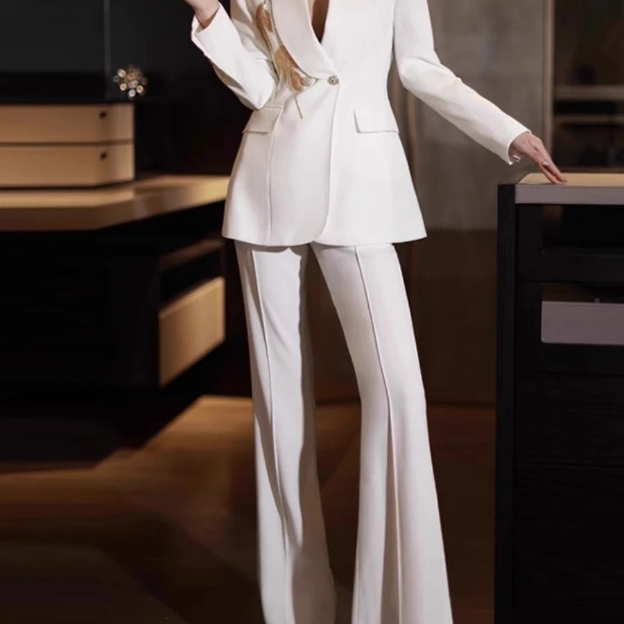 Solid Slimming Two Piece Sets for Women Lapel Long Sleeve Patchwork Bead Top High Waist Pant Temperament Set Female WHITE