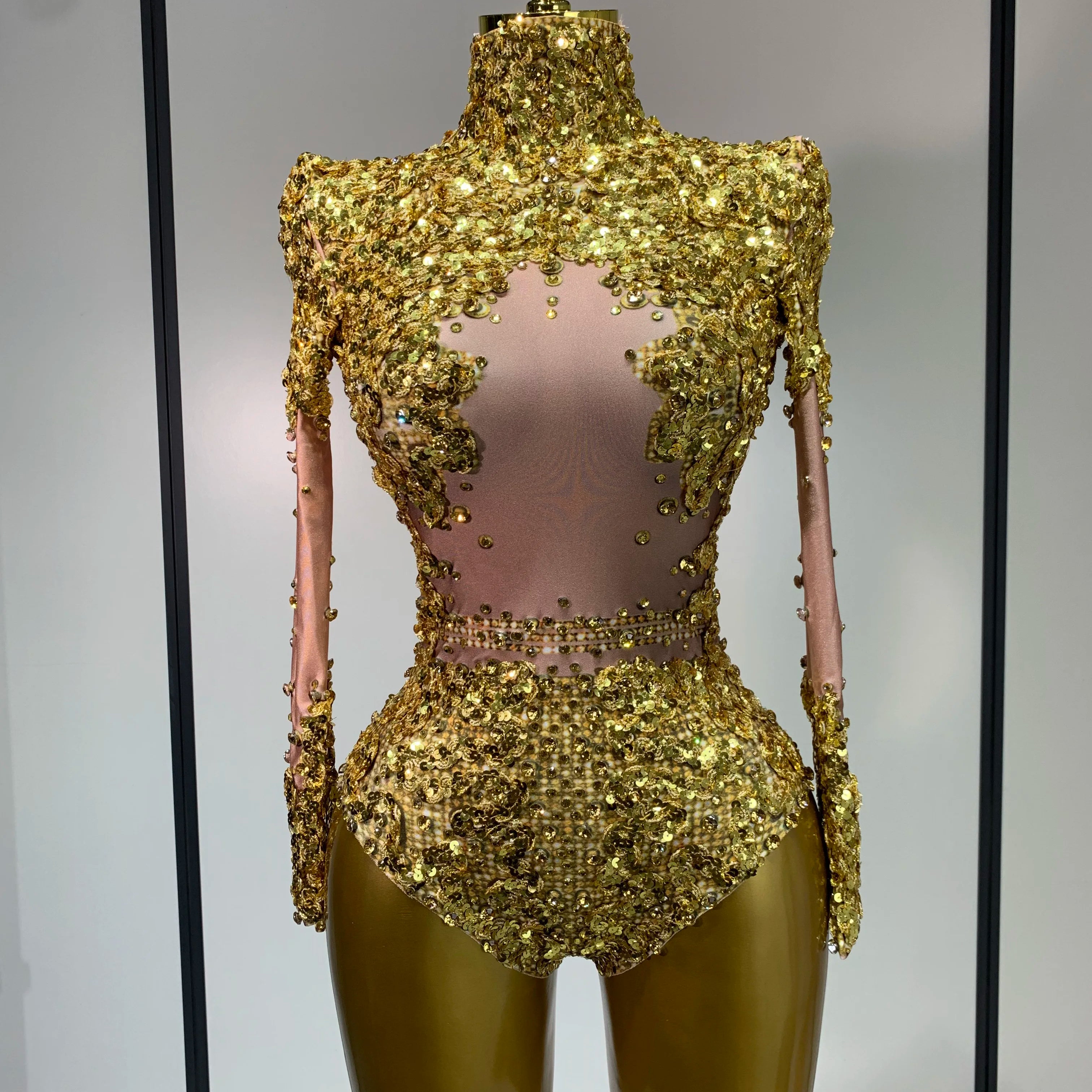 Sparkly Gold Rhinestone Sequin Stretch Bodysuits 2025 Women Luxury Birthday Party Nightclub Dancer Stage Performance Costume Gold