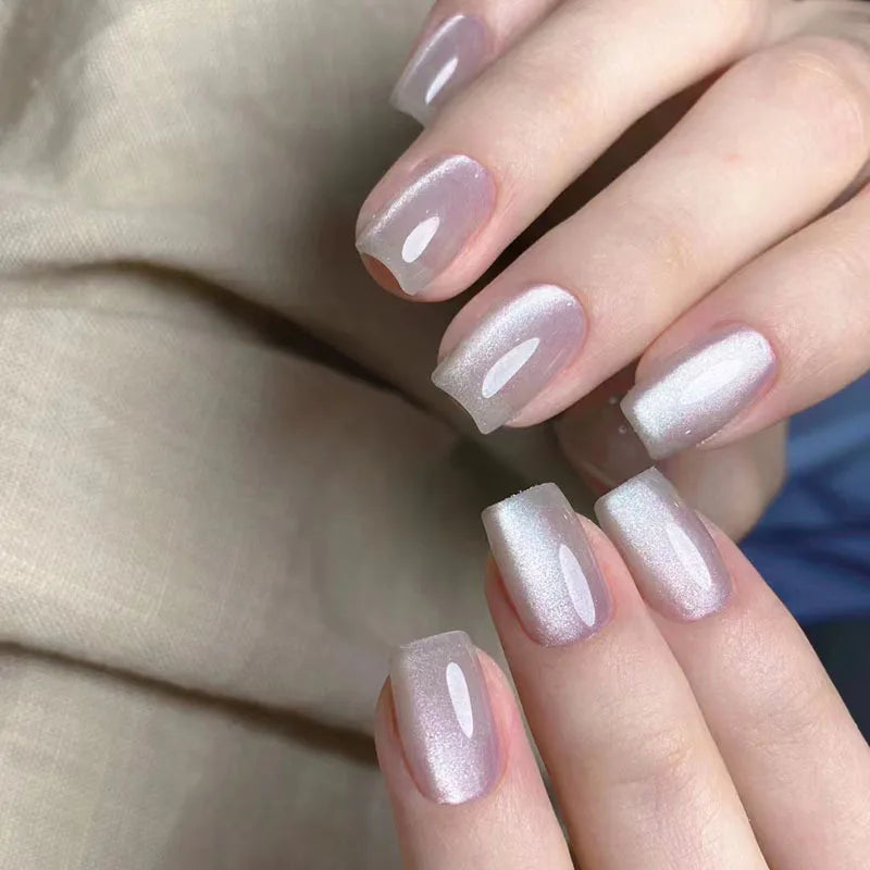 24Pcs Gradient Color Fake Nail Simple Short Ballet Wearable False Nails with Cat Eye Design Press on Nails Full Cover Nail Tips 23