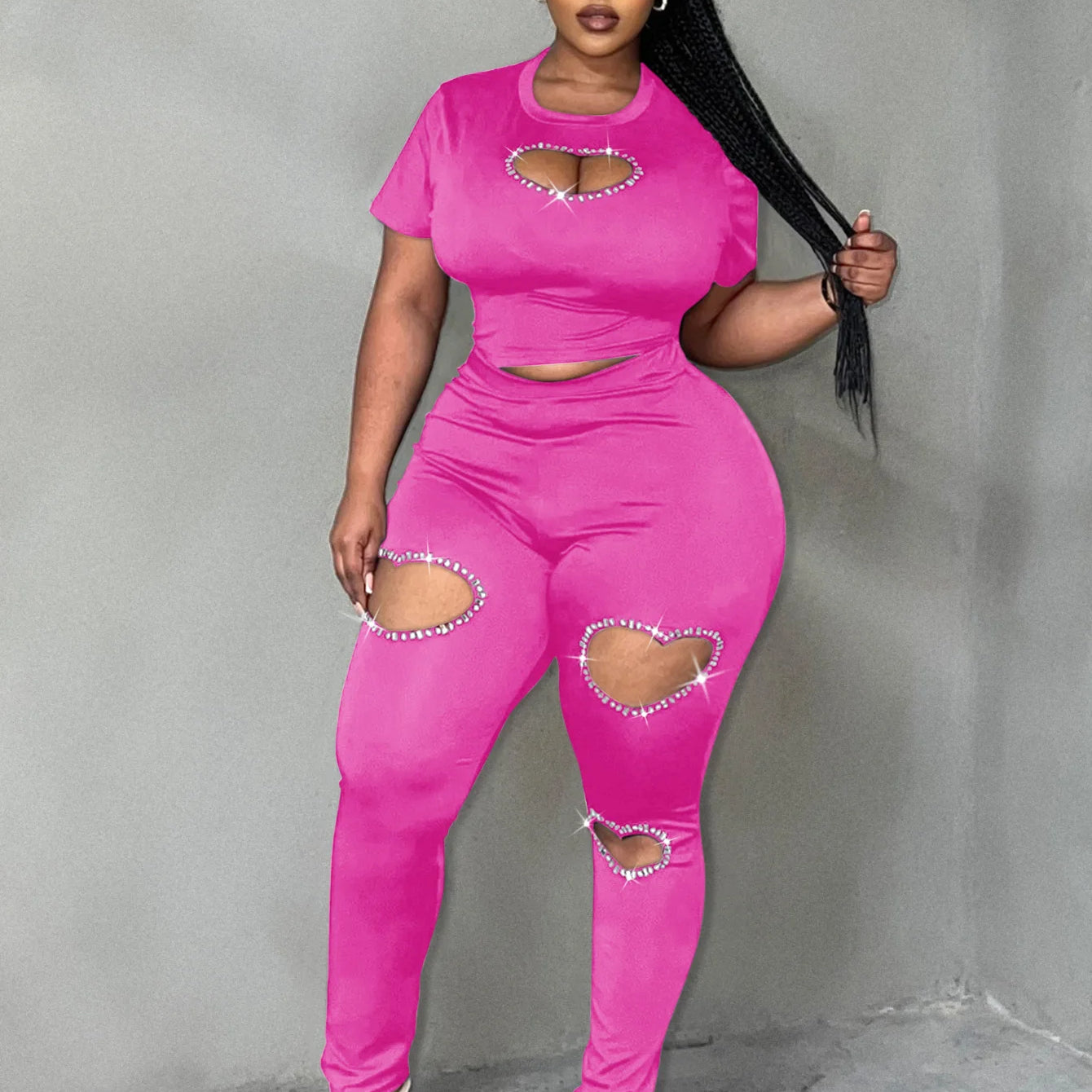 LW Plus Size Two pieces sets short sleeve Rhinestone top + Heart Cut Out Pants Set casual women‘s matching suit Autumn NEW Fuchsia