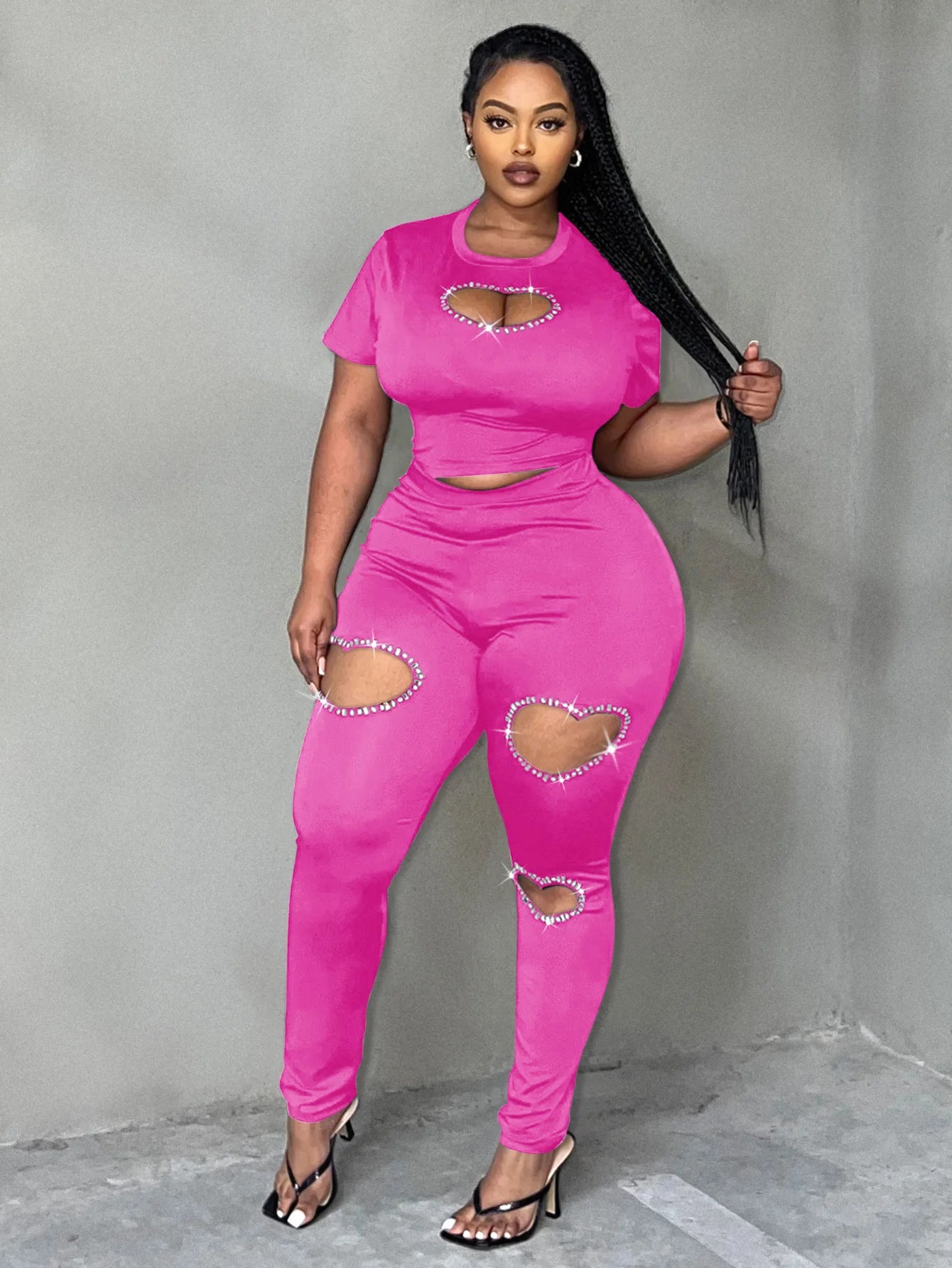 LW Plus Size Two pieces sets short sleeve Rhinestone top + Heart Cut Out Pants Set casual women‘s matching suit Autumn NEW Fuchsia