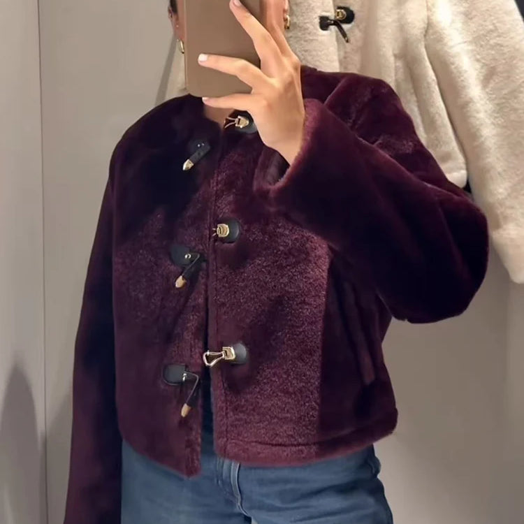 Street Women Causal Faux Fur Jackets 2025 Autumn Winter Fashion O-neck Single Breasted Loose Coats Vintage Warm Chic Outwear