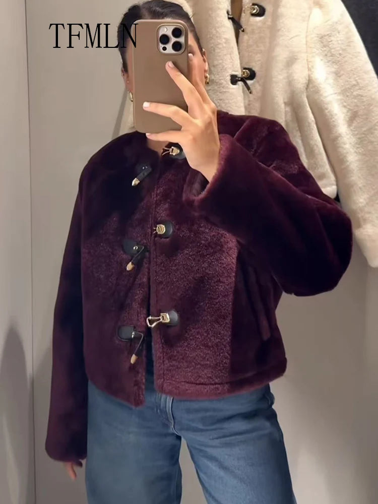 Street Women Causal Faux Fur Jackets 2025 Autumn Winter Fashion O-neck Single Breasted Loose Coats Vintage Warm Chic Outwear