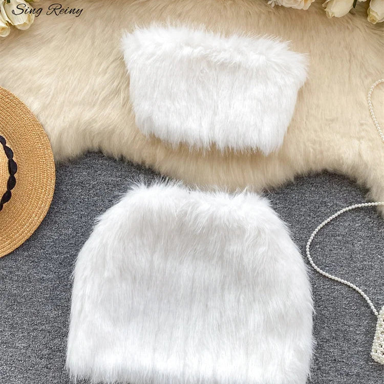 SINGREINY American Hotsweet Sexy Two Pieces Sets Women Strapless Short Tank Top+Bodycon Mini Skirt Fashion Solid Feather Suits