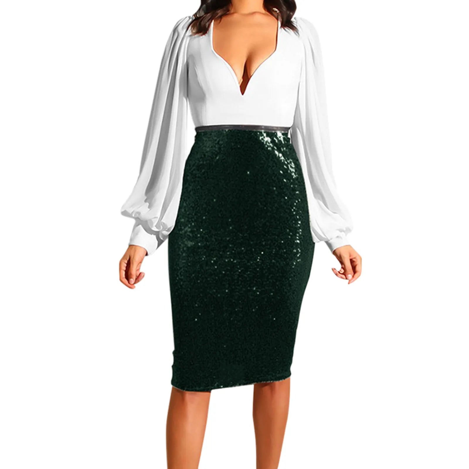 Sexy Shiny Sequin Skirt Women High Waist Glitter Gold Silver Stretchy Pencil Skirts Ladies Knee Length Party Club Midi Skirt Green