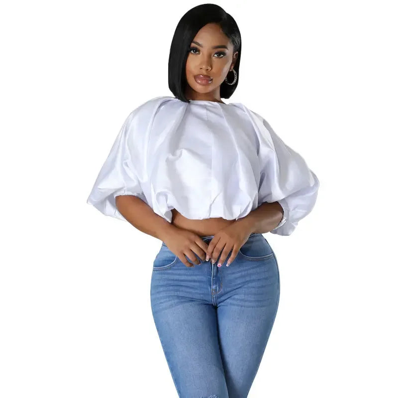 Summer Street Women Shirts Fashion Ruched Short Puff Sleeve Mini Blouse 2024 Street Print Casual Holiday Shirts Tops White