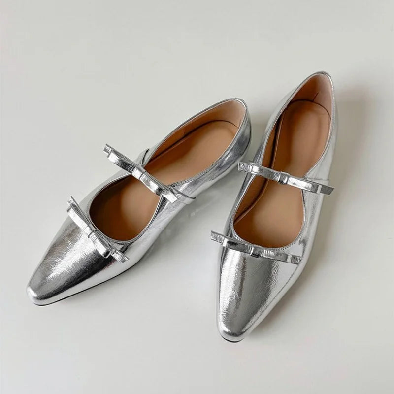 New Luxury Bowtie Mary Janes Women Pointed Toe Shiny Leather Flats Ballets Female Dance Party Ball Bridal Wedding Shoes Silver