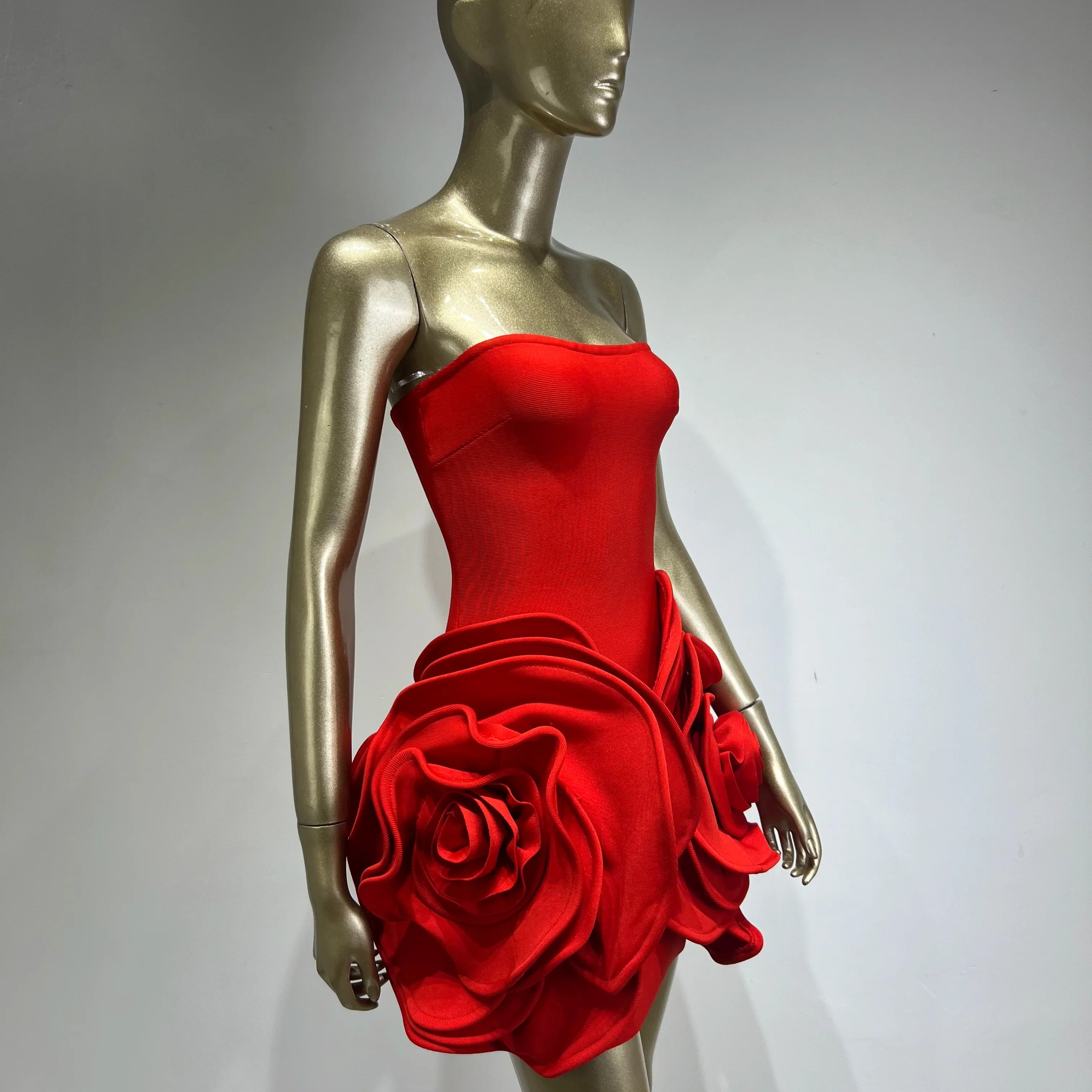 Women Celebrity Sexy Strapless Backeless Red Flower Mini Bodycon Bandage Dress Elegant Evening Club Party Dress
