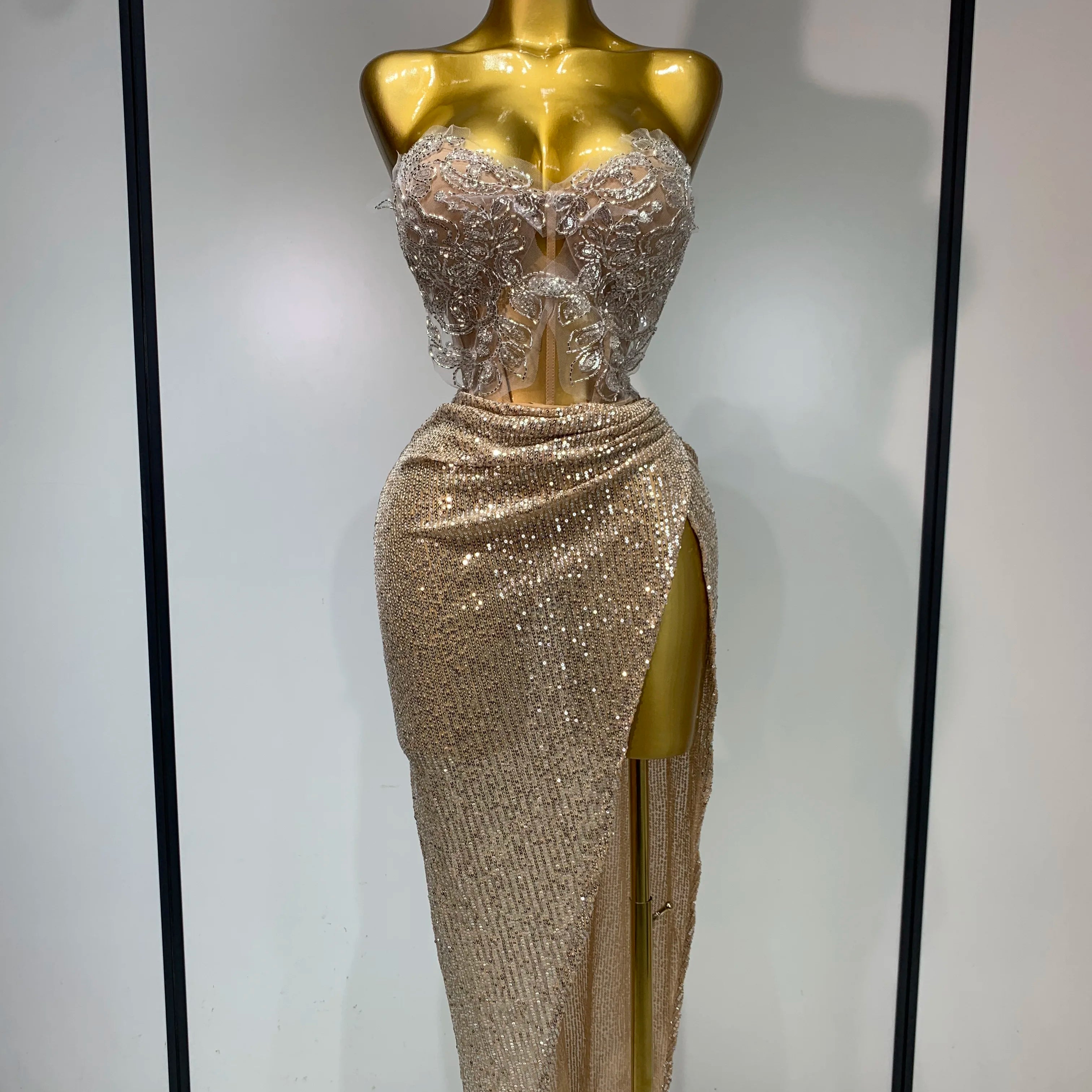 Shinning Beading Sequins Women Sexy Strapless Bodycon Two Pieces Set Celebrate Nightclub Party Luxury Birthday Stage Outfit Beige
