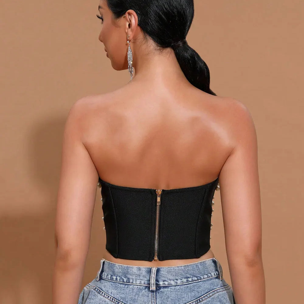 2025 Spring Sexy Women Light Luxury Nail Bead Bandage Tank Top Single Shoulder Sleeveless Hollow Out Back Hoodie Ultra Short Top