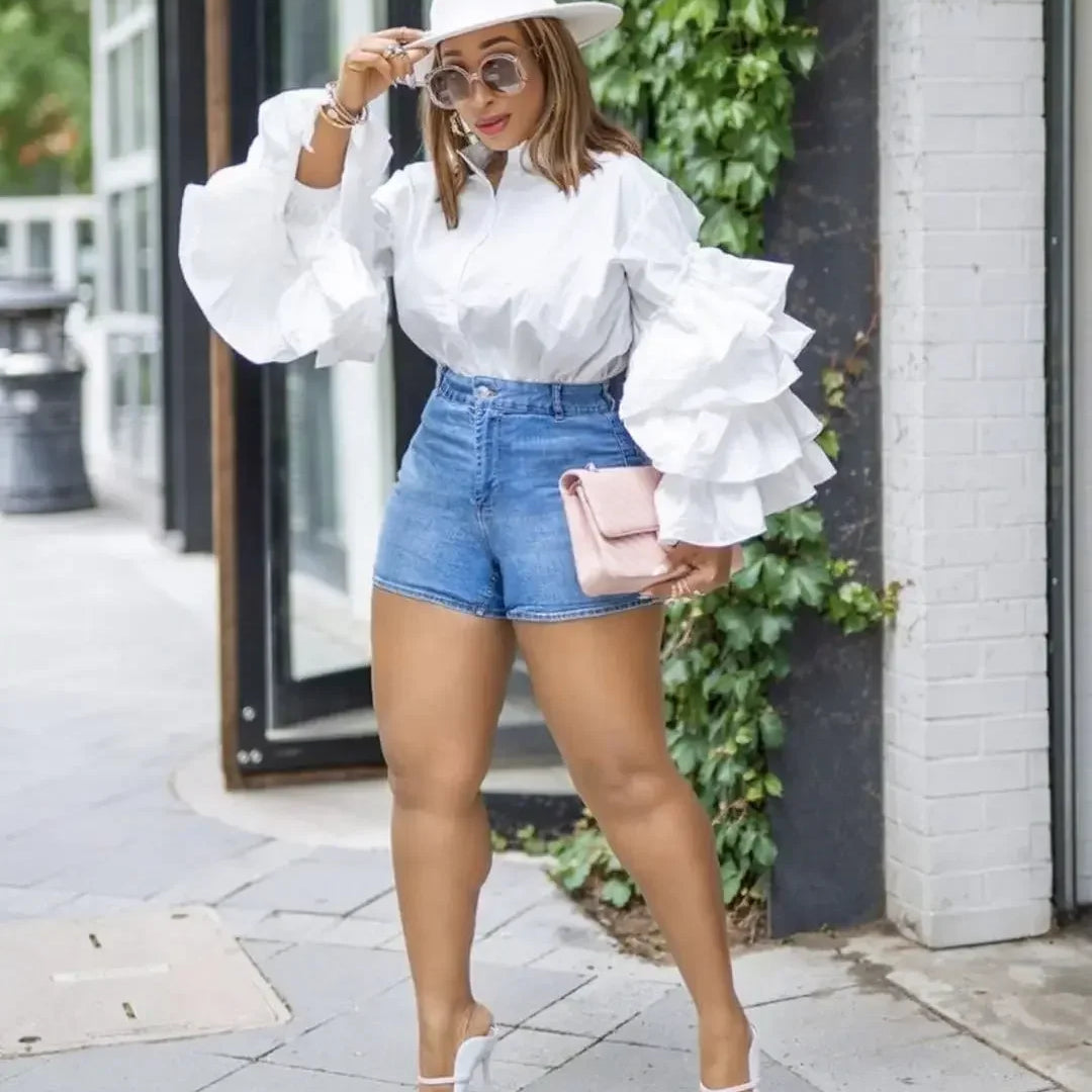 Women Shirts Solid Full Ruffles Sleeve Turn-down Collar Single Breasted Loose Shirts Office Lady Streetwear Summer Tops White