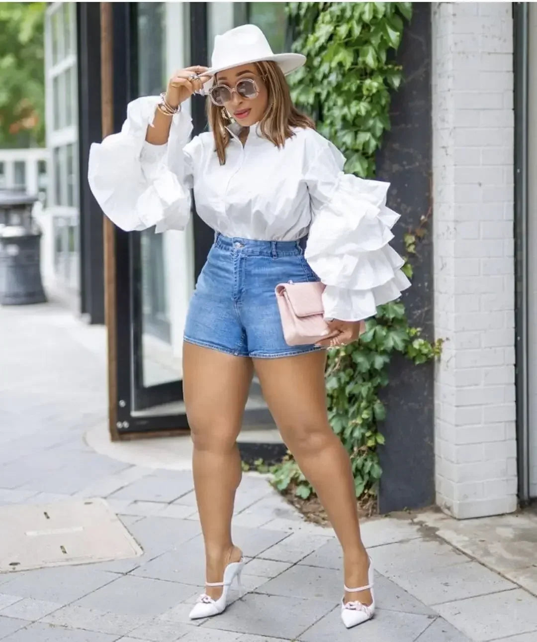 Women Shirts Solid Full Ruffles Sleeve Turn-down Collar Single Breasted Loose Shirts Office Lady Streetwear Summer Tops White