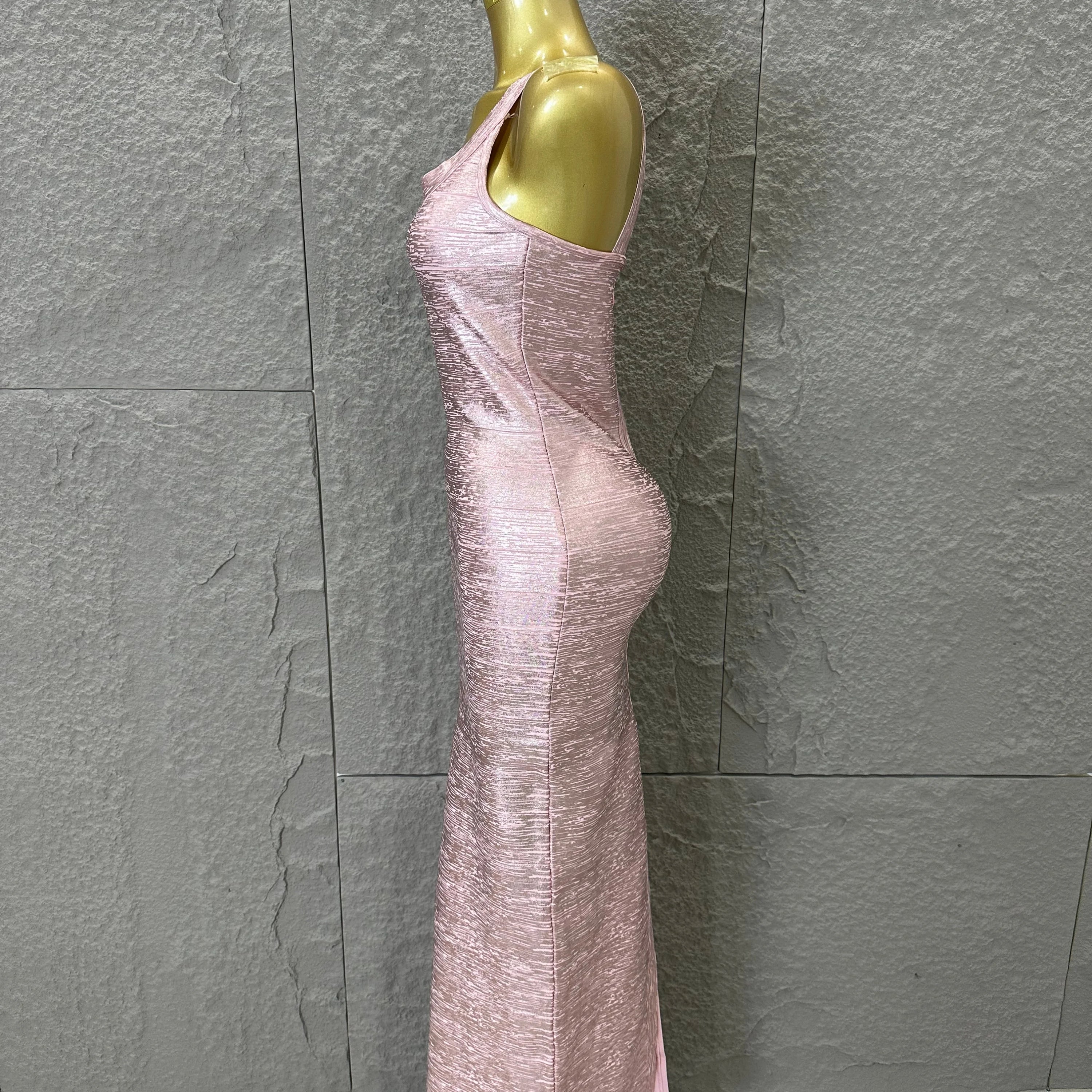 Elegant Pink Square Neck Maxi Dress Women Sexy Sleeveless Metallic Shimmer Form-Fitting Bandage Outfit Cocktail Party Costume