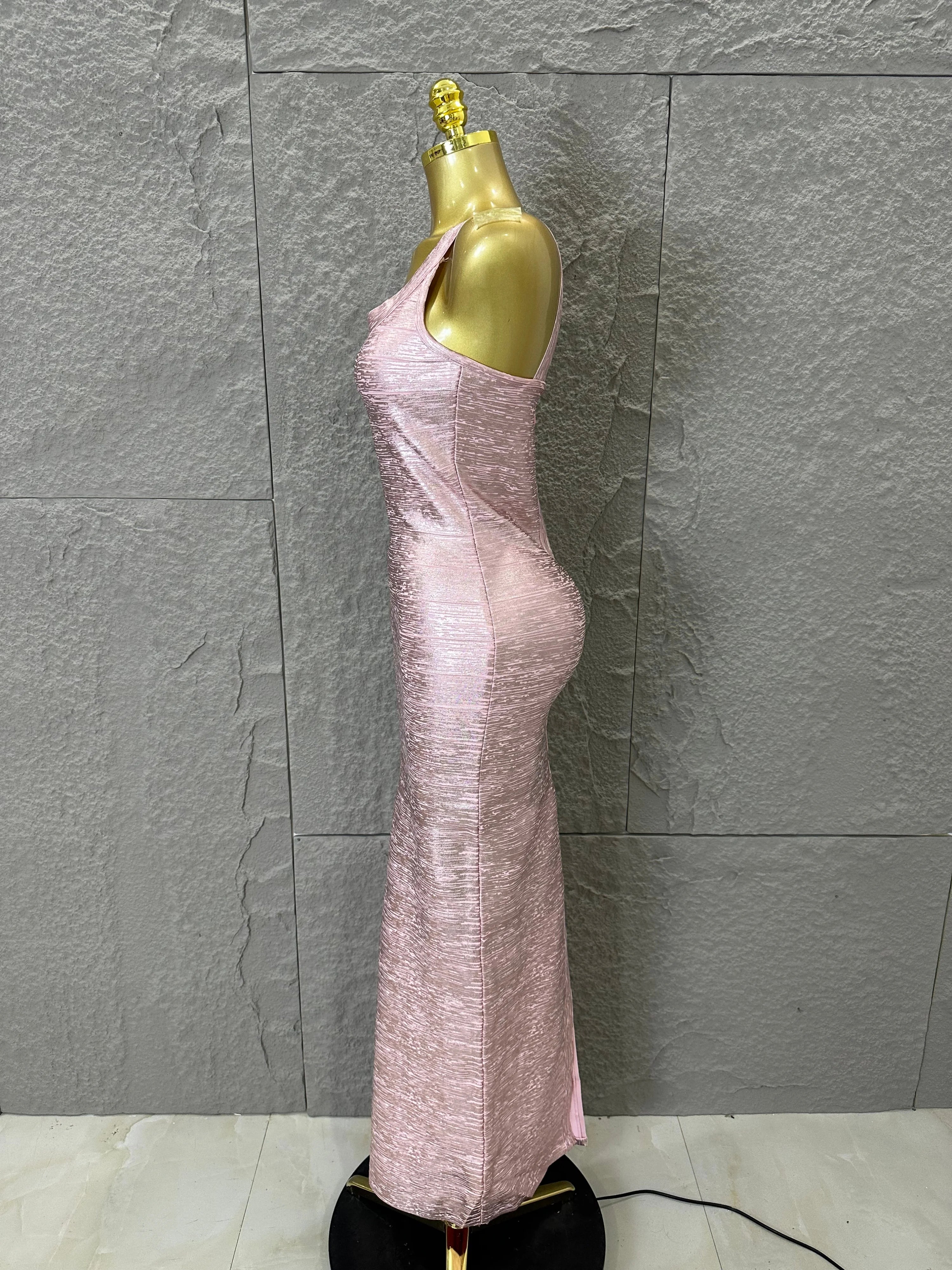 Elegant Pink Square Neck Maxi Dress Women Sexy Sleeveless Metallic Shimmer Form-Fitting Bandage Outfit Cocktail Party Costume