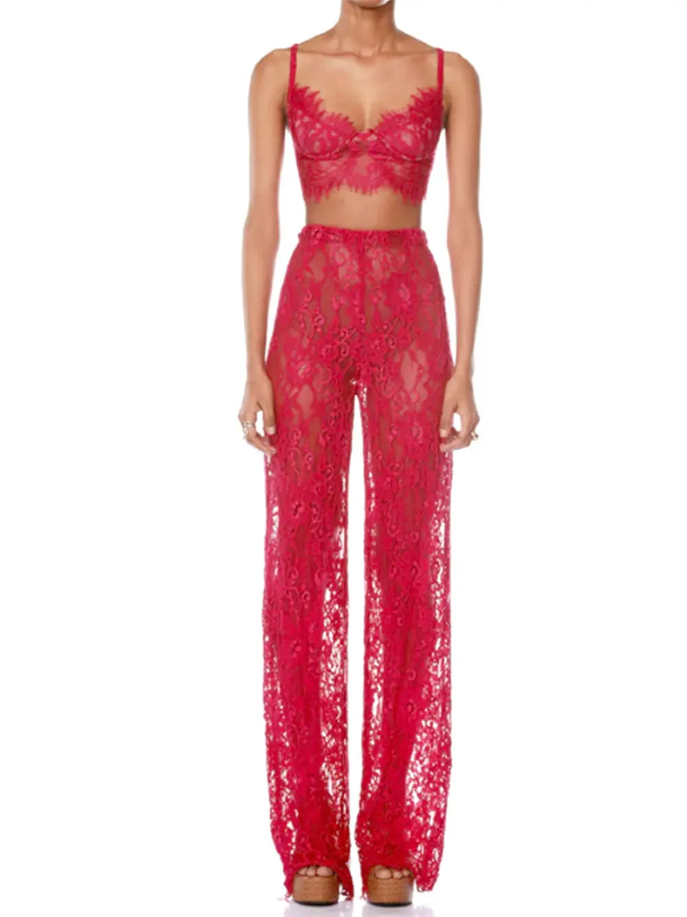 2025 Sexy Women'S Lace Pants Set Spaghetti Strap Sleeveless Backless Ultra Short Vest+Straight Leg Pants Two-Piece Set