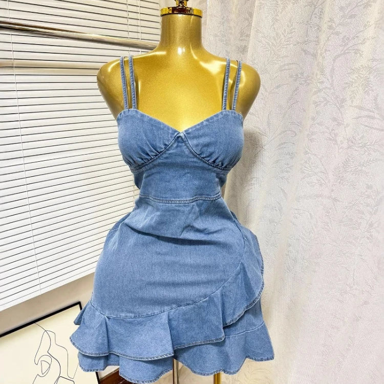 CM.YAYA Women Spaghetti Strap V-neck Ruffles Hem Denim A-line Mini Dress 2025 Chic Birthday Night Club Party Vestidos Dresses