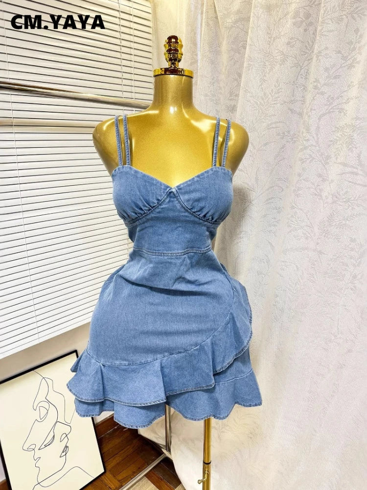 Women Spaghetti Strap V-neck Ruffles Hem Denim A-line Mini Dress 2025 Chic Birthday Night Club Party Vestidos Dresses