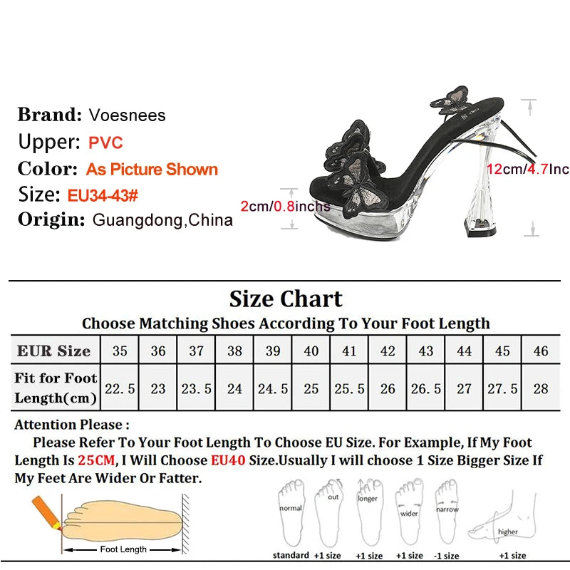 Black Ankle Strap Sandals Women Fashion Butterfly Model Square Toe Catwalk Shoes 12CM Transparent Platform Nightclub High heels