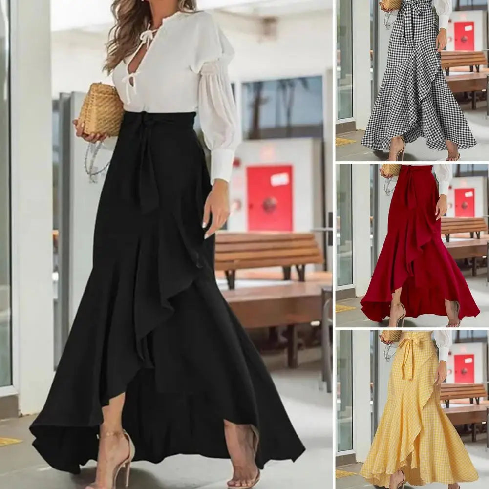 Breathable Skirt Elegant Lace-up Ruffle Trim Maxi Skirt with Plaid Print Bow Tie Detail High Waist Irregular Hem Skirt for Women