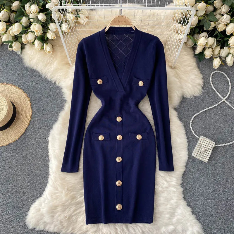 Women Knitted Pencil Dress Korean Long Sleeve V Neck Elastic Slim Dress Autumn Winter Sexy Bodycon Warm Sweater Dress dark blue One Size