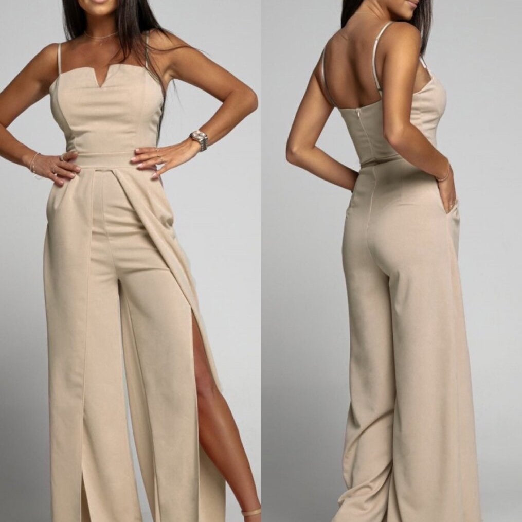 Summer Fashion Jumpsuit Women Sexy Suspender Bra Sleeveless High Waist Split Wide Leg Pants Elegant Temperament Jumpsuit Women