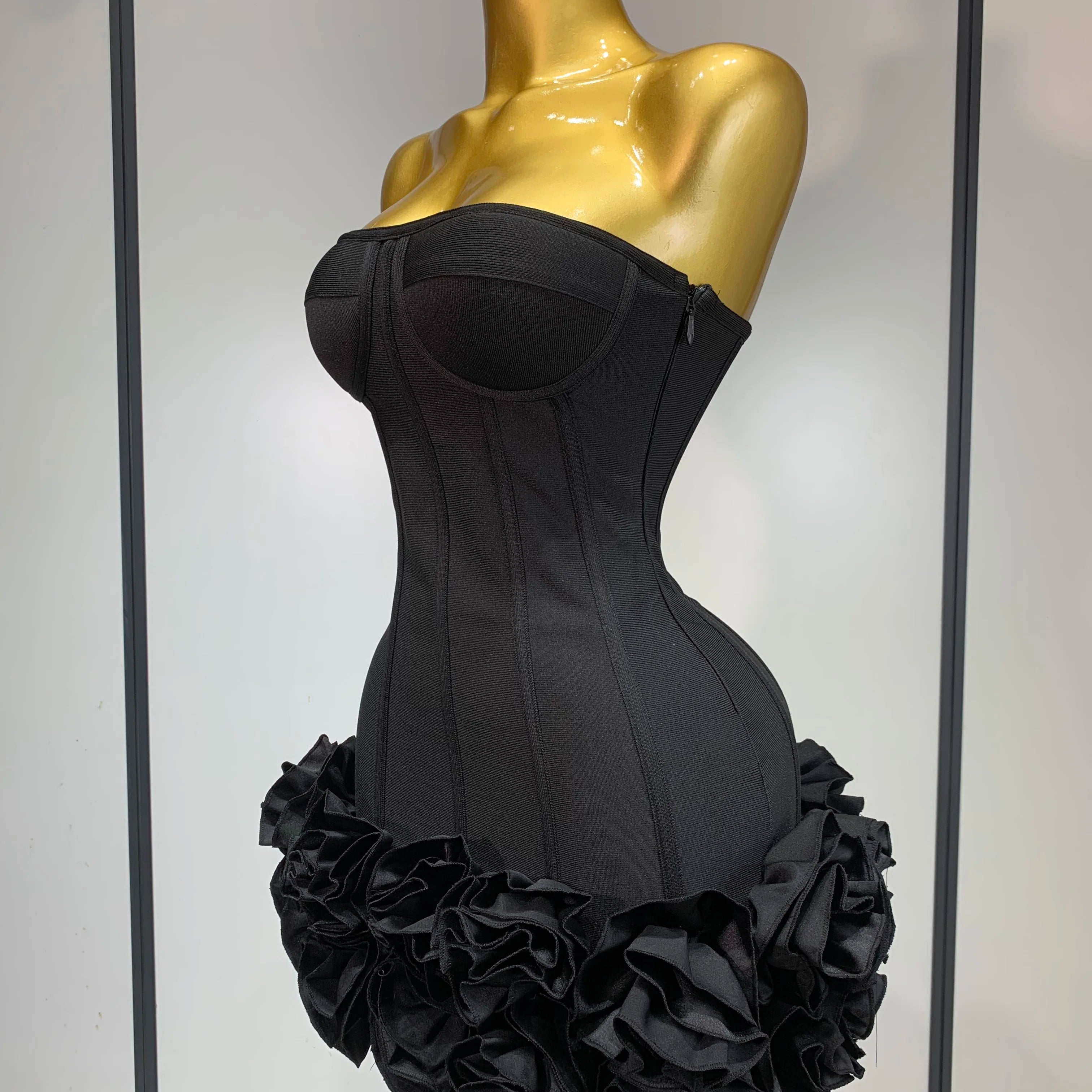 Women Evening Bandage Dress Strapless Bodycon Flowers Mini Celebrity Sexy Birthday Party Dresses Photo Shoot Nightclub Outfit