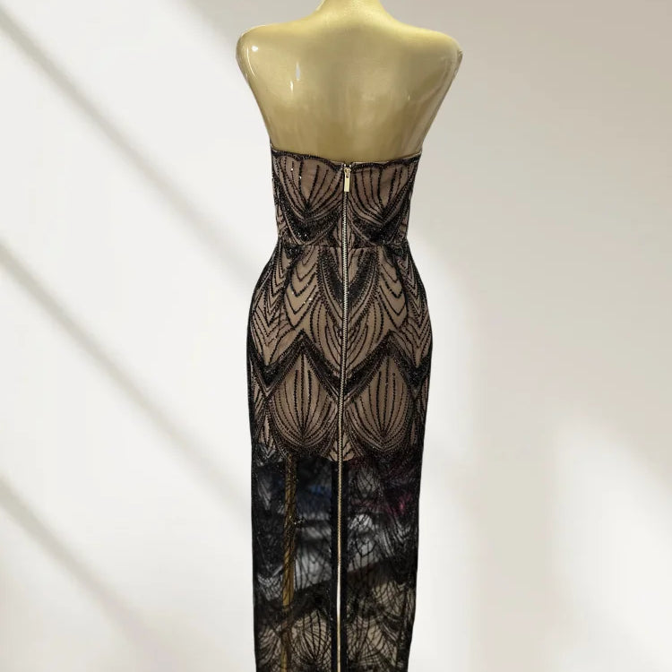 Shining Black Sequins Sexy Mesh See Through Straplerss Ankle Length Dress Woman Birthday Party Dress Celebrity Party Vestido