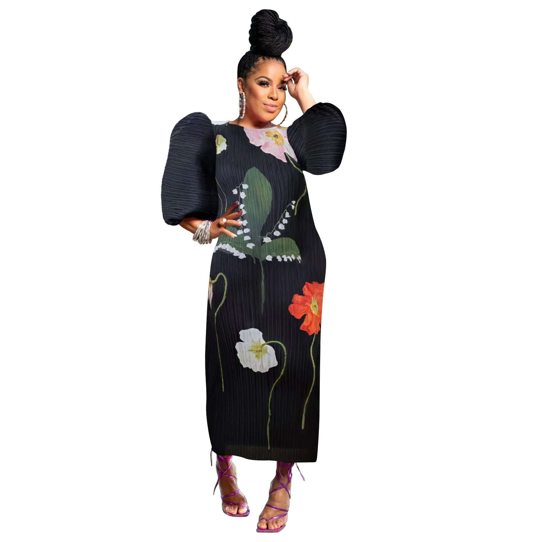 Elegant Women Pleated Half Lantern Sleeve O-neck Slim Maxi Long Dress Print Fashion Autumn 2024 Ruched Dresses Vestidos Mixed Color One Size