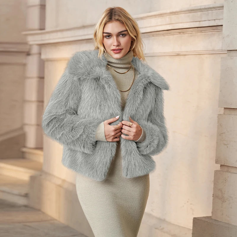 Autumn Winter Women's Fur Coat New Turn-Down Collar Long Sleeves Open Stitch Fashionable Plush Thickened Warm Fur Jackets 6 Grey
