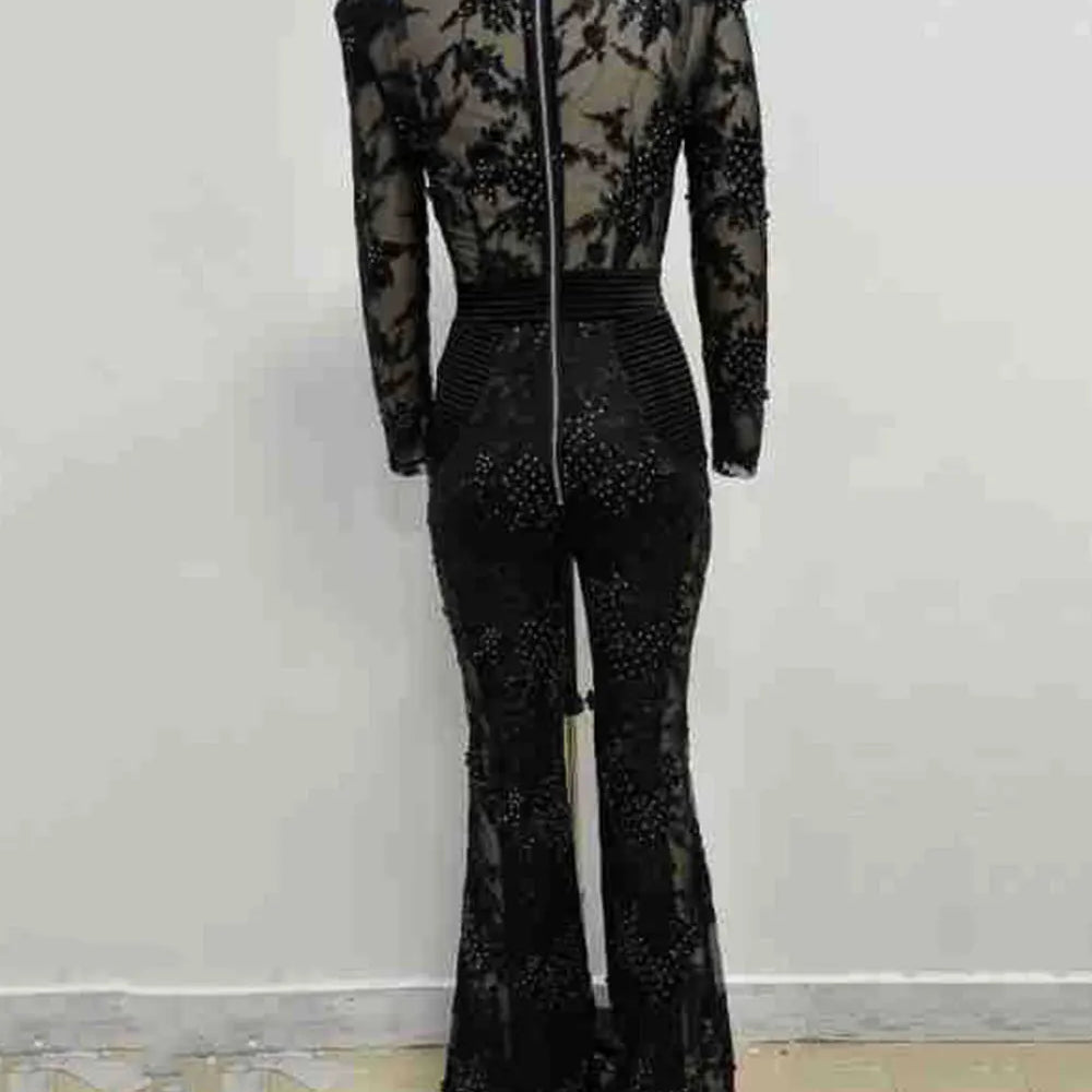 2025 Sexy Women's Light Luxury Embroidered Hot Diamond Patchwork Design jumpsuit V-neck Long sleeved Evening Party Horn jumpsuit
