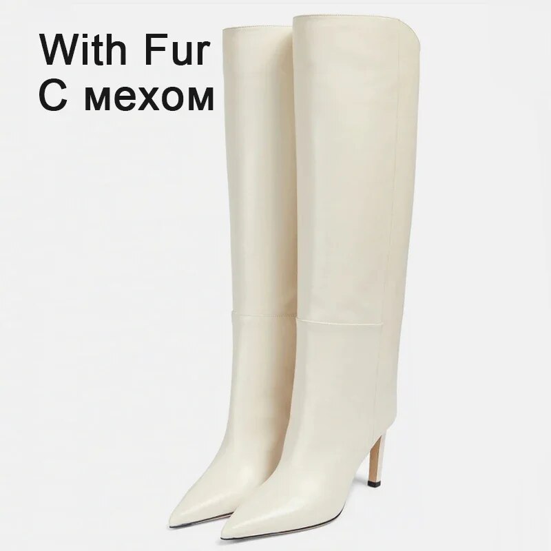 Size 34-43 Women Knee High Boots Luxury Brand Sexy Super High Heels Shoes For Women Winter 2024 Leather Long Boots beige with fur