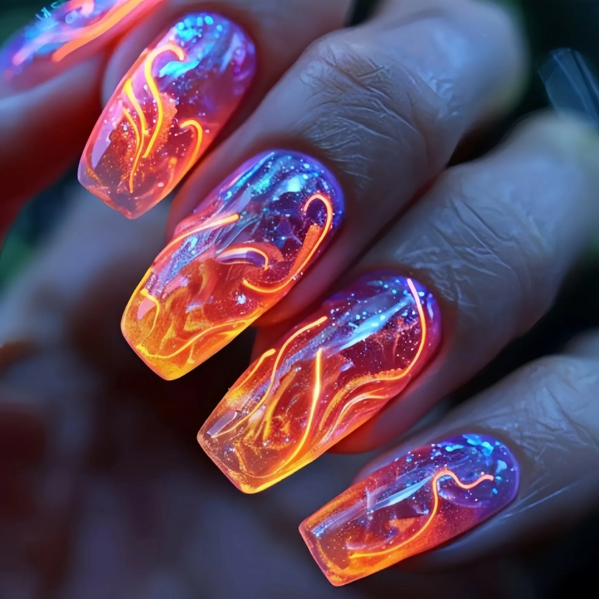 24pcs/set Medium Square fake nails Gradient Aurora flame Lightning stripes starry sky faux ongles tips press on false nails art 1663