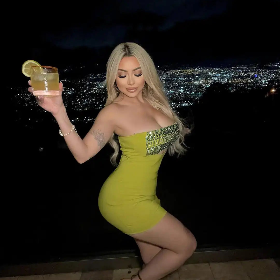 2025 Shining Diamonds Sexy Hollow Strapless Sheath Green Bandage Mini Dress Fashion Woman Party Dress Music Festival Outfit