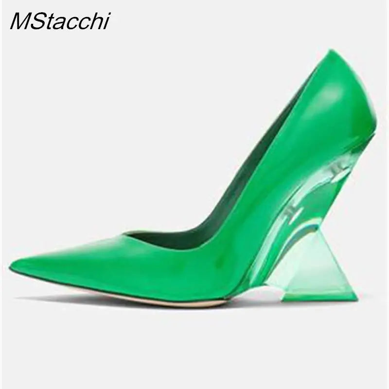 Runway Women Heels Pumps 2025 Designer Shoes Patent leather Pointed Toe Slingback Shallow Luxury Brand Strange Heel Woman Shoes green