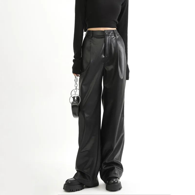 Straight Leather Pants Women High Waist PU Leather Trousers Baggy Black Female Streetwear Clothing New Fashion Ladies Black