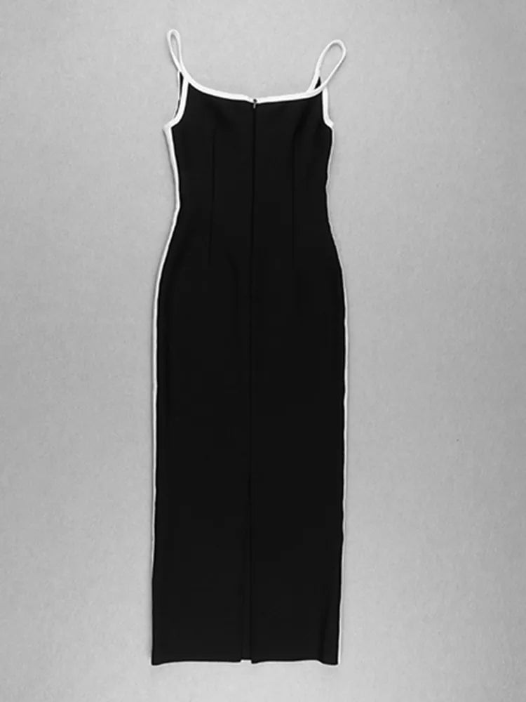 Newest Winter 2023 Sexy Strap Sleeveless Layer Black Long Bodycon Bandage Dress Designer Fashion Evening Party Dress Vestido