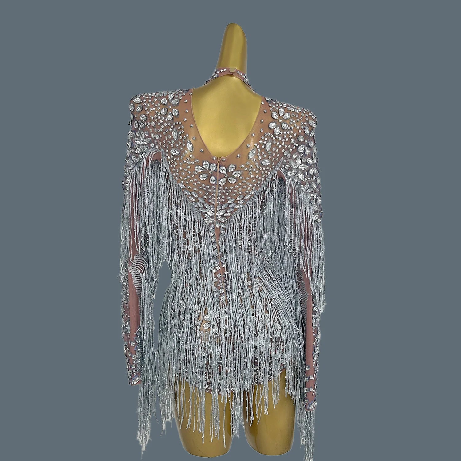 Shining Silver Tight Bodysuit Performance Dancer Costume Women Sexy Mesh Stretch Sequins Fringes Nightclub Stage Outfit Shenhui