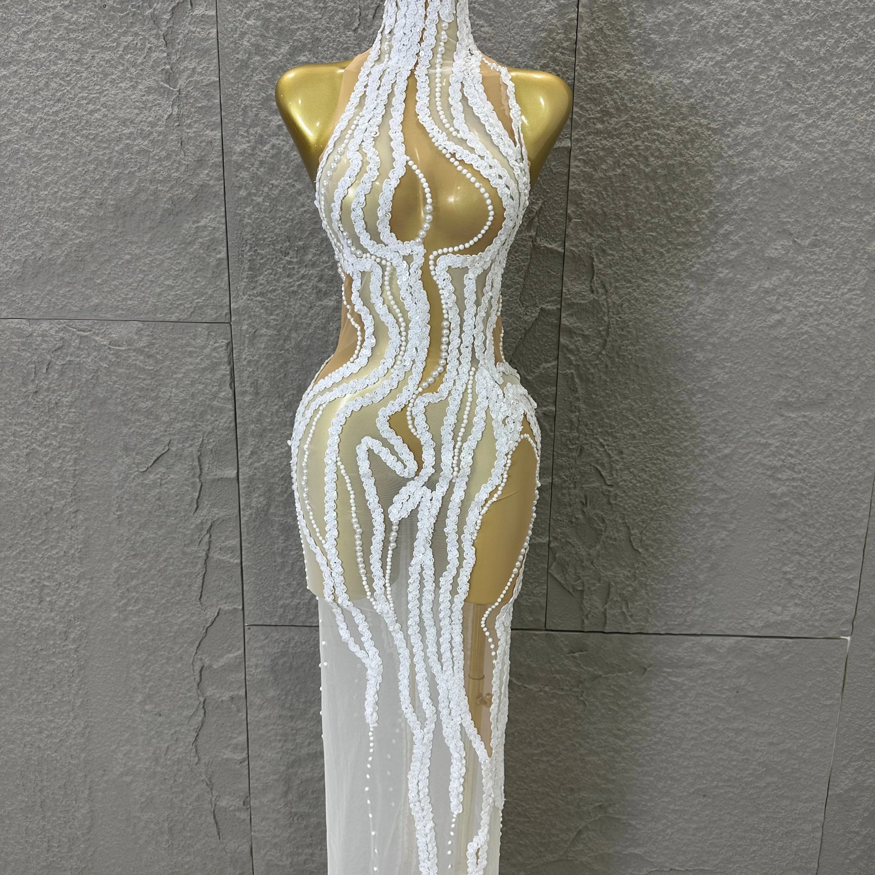 Sequined White Sheer Mesh Maxi Dress Women Sexy High Neck Pearl Lace Bodycon Cocktail Nightclub Evening Gala Party Costume WHITE