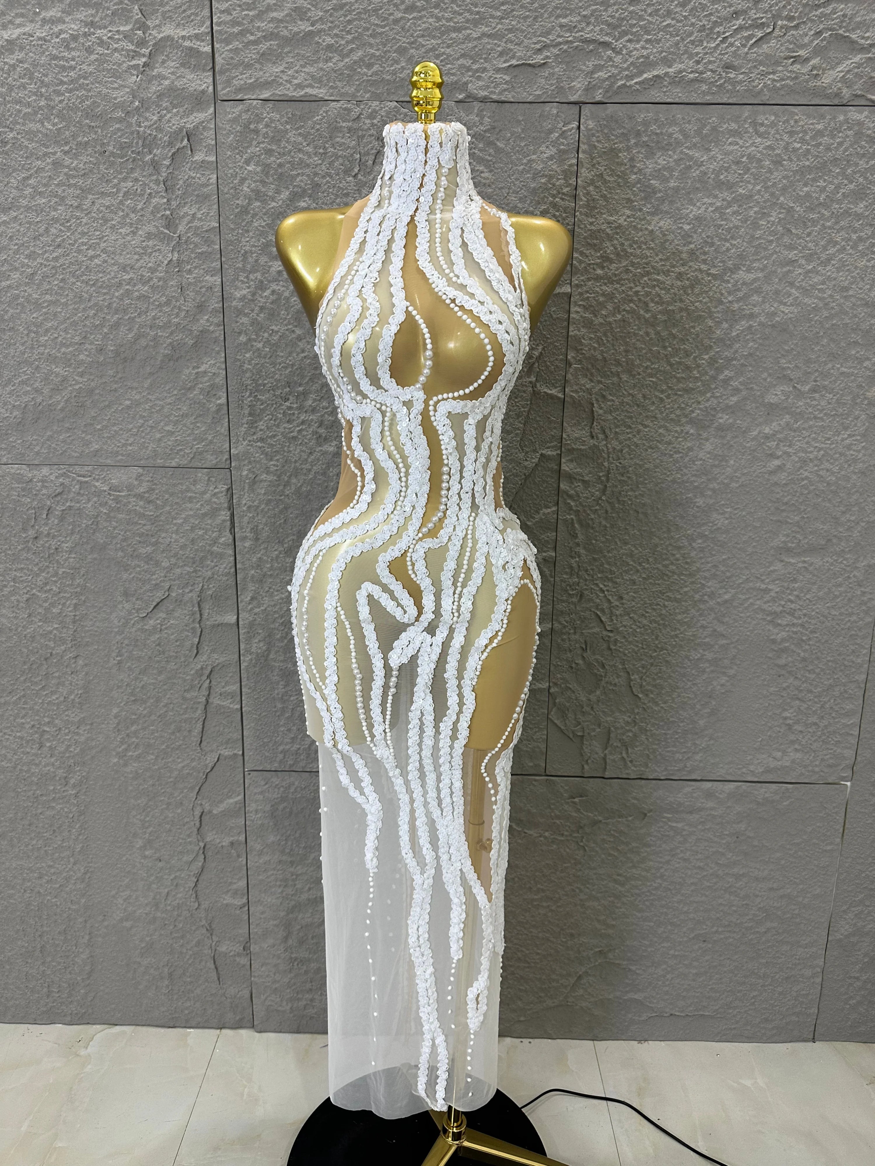 Sequined White Sheer Mesh Maxi Dress Women Sexy High Neck Pearl Lace Bodycon Cocktail Nightclub Evening Gala Party Costume WHITE
