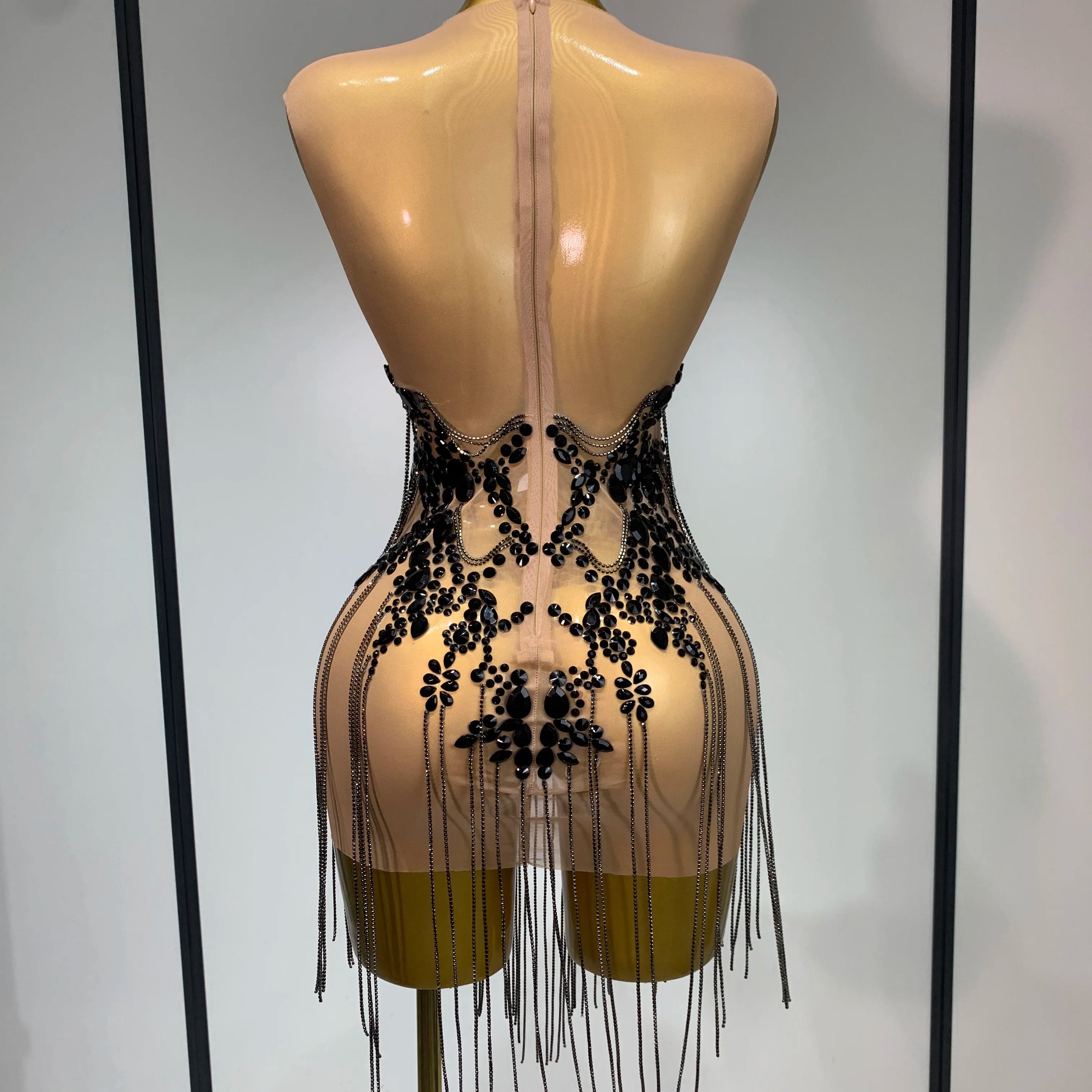 Luxury Rhinestones Chain Sleeveless Mini Dress Celebrity Elegant Sexy Performance Dance Nightclub Outfit Birthday Party Dress