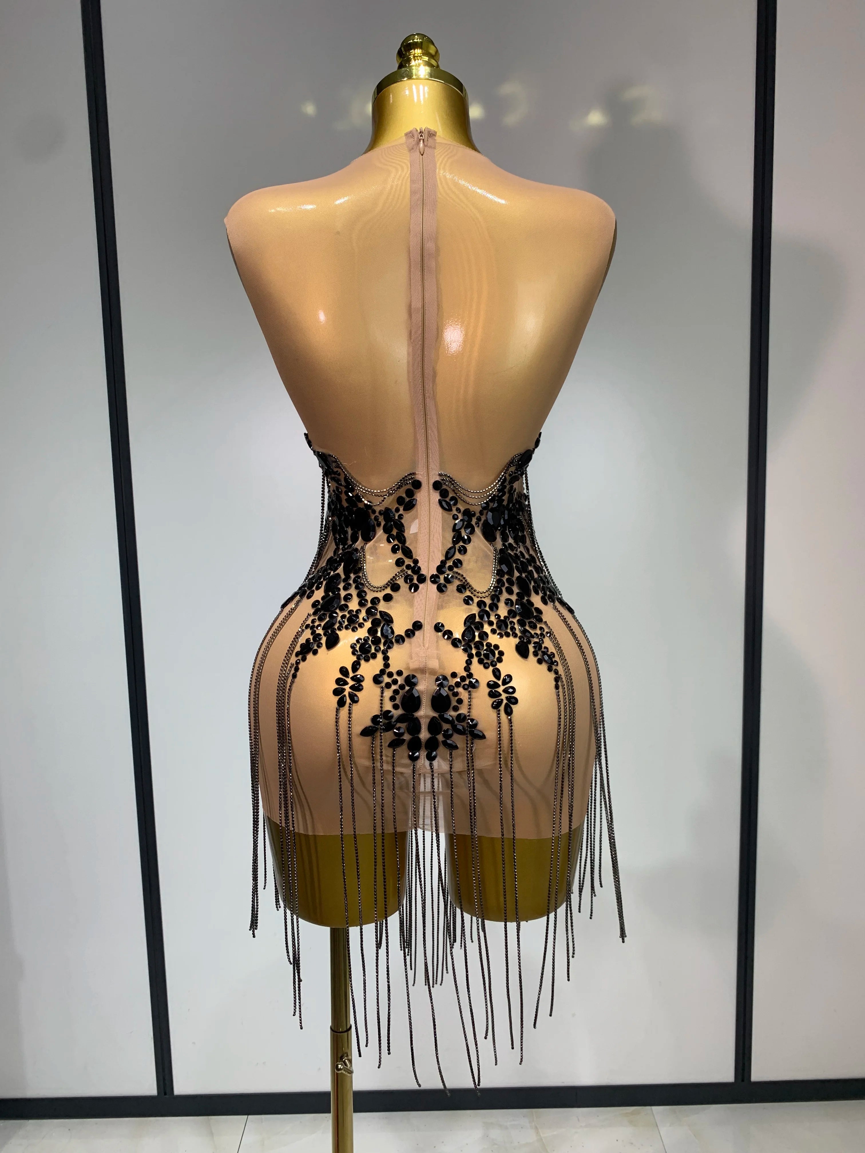 Luxury Rhinestones Chain Sleeveless Mini Dress Celebrity Elegant Sexy Performance Dance Nightclub Outfit Birthday Party Dress