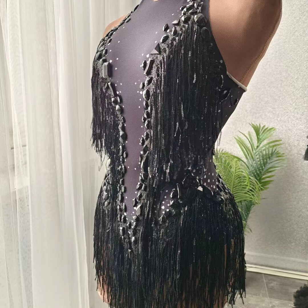 Women Nightclub Outfit Dance Costume One-piece Stage Wear Sexy Performance Clothing Sparkly Black Stones Sequins Fringes Leotard