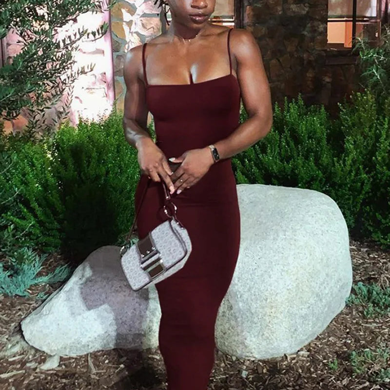 Women Casual Summer Spaghetti Strap Bodycon Dress Fashion Solid Color Sleeveless Backless Slim Fit Sling Long Dress Brown