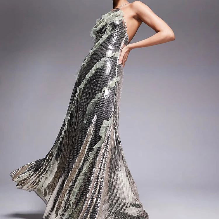 Starry Silver Sequin Strappy Backless Sleeveless with Ruffle Mesh Details Dressfor Party Glamour Gown